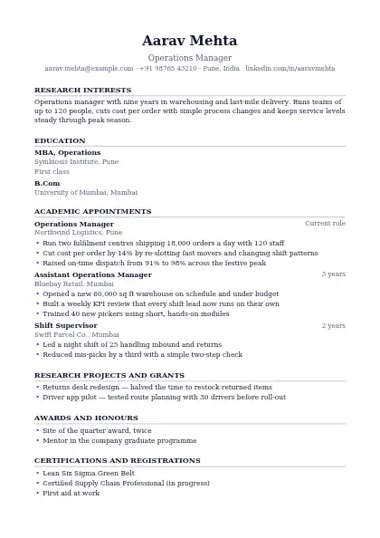 Academic CV resume template — academic layout, single-column, no photo, purple accent