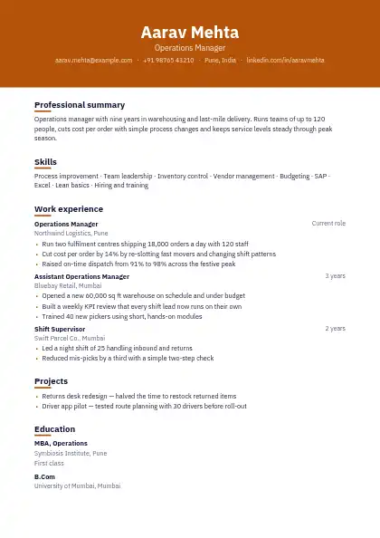 Amber Banner resume template — top band layout, single-column, no photo, orange accent