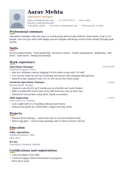 Amber Photo Left resume template — single-column, photo, orange accent