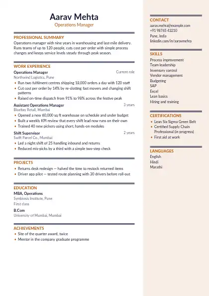 Amber Right Panel resume template — right sidebar layout, two-column, no photo, orange accent