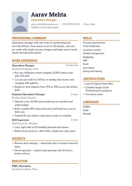 Amber Split resume template — two-column, photo, orange accent