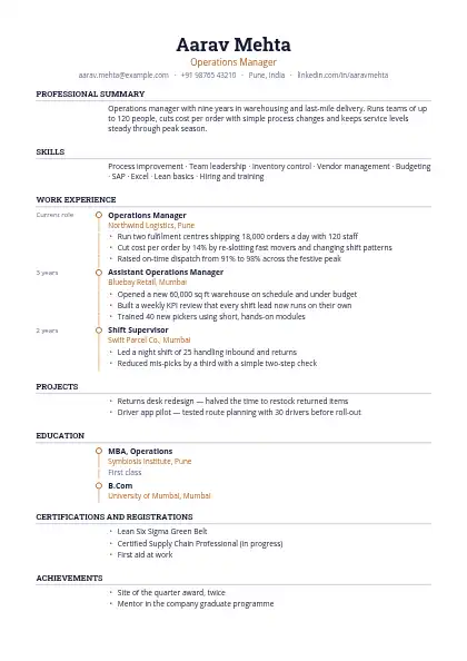 Amber Timeline resume template — timeline layout, single-column, no photo, orange accent