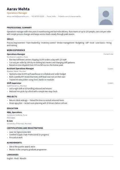 Asia Photo Right resume template — single-column, photo, orange accent