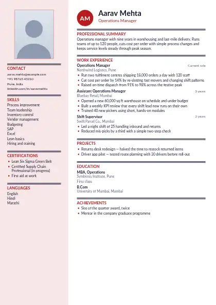 Asia Photo Sidebar resume template — left sidebar layout, two-column, photo, red accent