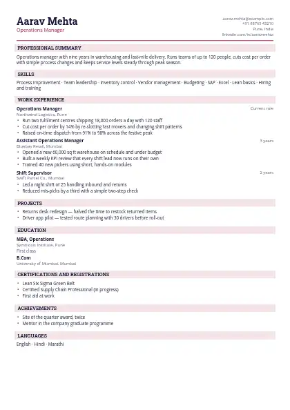 Burgundy Band One-Page resume template — compact layout, single-column, no photo, red accent
