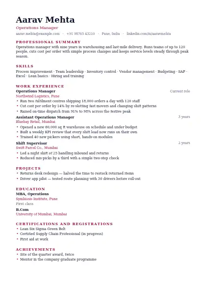 Burgundy Capitals resume template — single-column, no photo, red accent