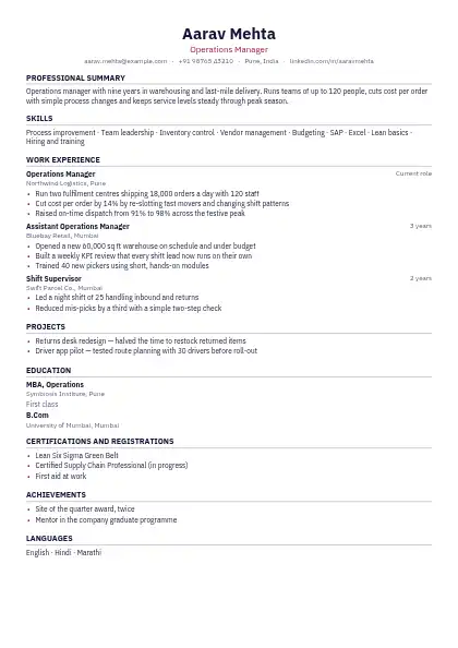Burgundy Centred Line resume template — single-column, no photo, red accent