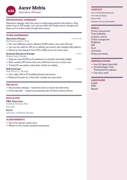 Burgundy Right Panel resume template — right sidebar layout, two-column, no photo, red accent