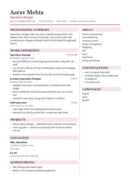 Burgundy Split resume template — two-column, no photo, red accent