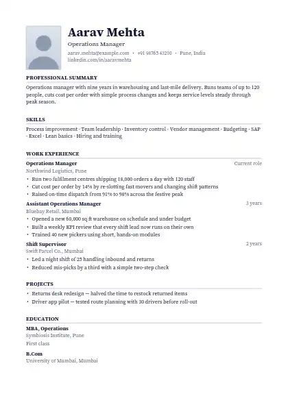 Charcoal Photo Left resume template — single-column, photo, black accent