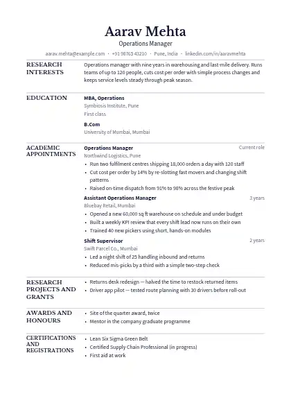 Charcoal Scholar resume template — academic layout, single-column, no photo, black accent