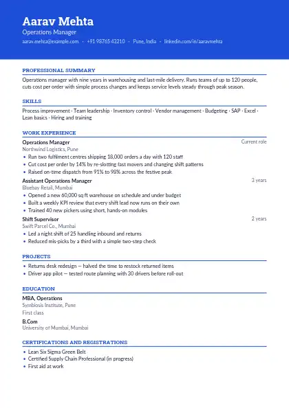 Cobalt Banner resume template — top band layout, single-column, no photo, blue accent