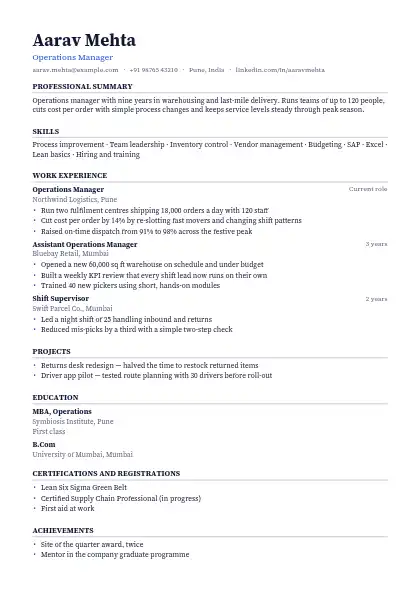 Cobalt Line resume template — single-column, no photo, blue accent