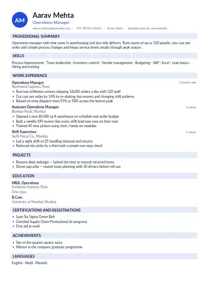 Cobalt Monogram resume template — single-column, no photo, blue accent