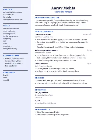 Cobalt Sidebar resume template — left sidebar layout, two-column, no photo, blue accent