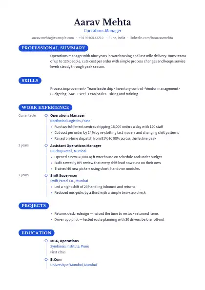 Cobalt Timeline resume template — timeline layout, single-column, no photo, blue accent