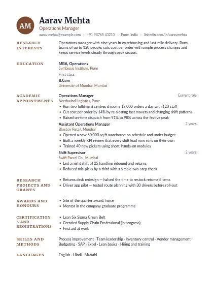 Cocoa Monogram resume template — academic layout, single-column, no photo, brown accent