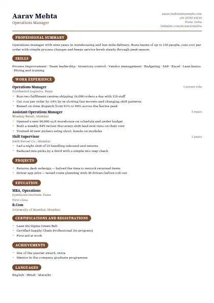 Cocoa Pill One-Page resume template — compact layout, single-column, no photo, brown accent
