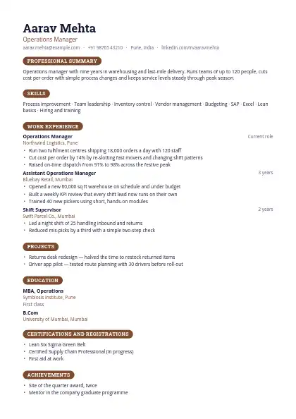 Cocoa Pill resume template — single-column, no photo, brown accent