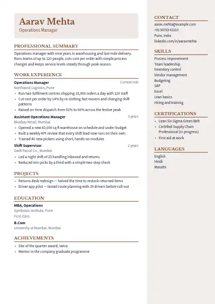 Cocoa Right Panel resume template — right sidebar layout, two-column, no photo, brown accent
