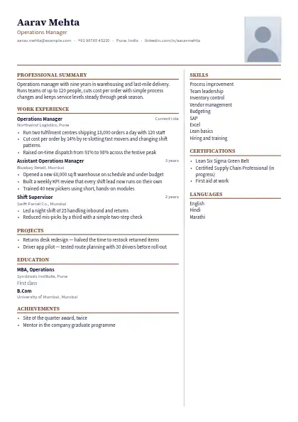Cocoa Split resume template — two-column, photo, brown accent