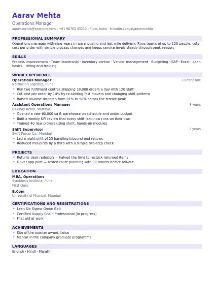 Compact resume template — compact layout, single-column, no photo, purple accent
