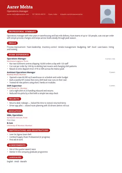 Crimson Banner resume template — top band layout, single-column, photo, red accent