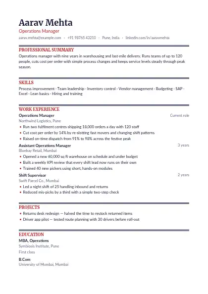 Crimson Double Line resume template — single-column, no photo, red accent