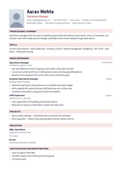 Crimson Photo Left resume template — single-column, photo, red accent