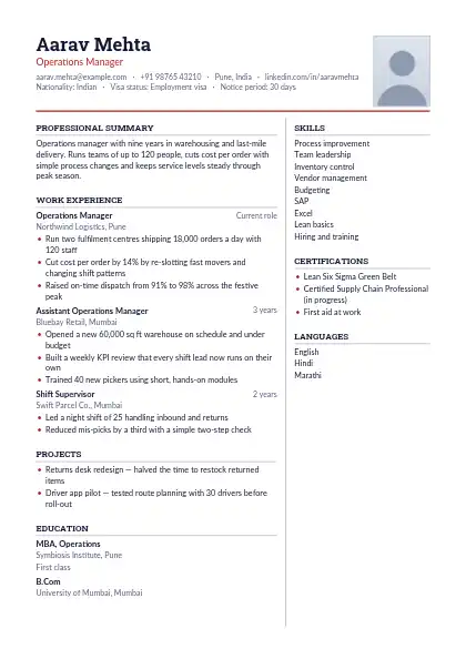 Crimson Split resume template — two-column, photo, red accent