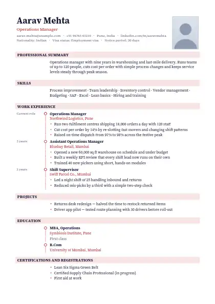Crimson Timeline resume template — timeline layout, single-column, photo, red accent