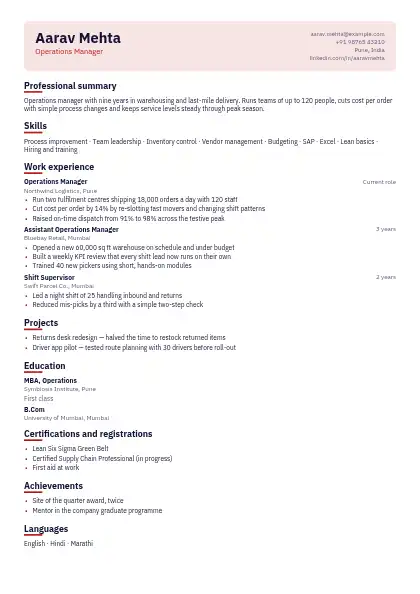 Crimson Underline One-Page resume template — compact layout, single-column, no photo, red accent