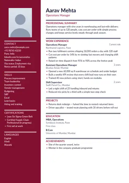 Dark Burgundy Sidebar resume template — left sidebar layout, two-column, photo, red accent