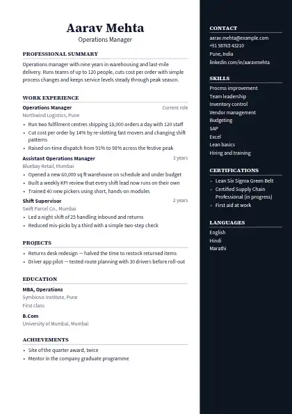 Dark Charcoal Right Panel resume template — right sidebar layout, two-column, no photo, black accent