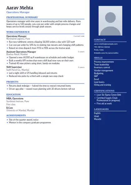 Dark Cobalt Right Panel resume template — right sidebar layout, two-column, photo, blue accent