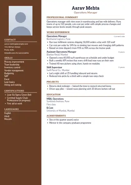 Dark Cocoa Sidebar resume template — left sidebar layout, two-column, photo, brown accent