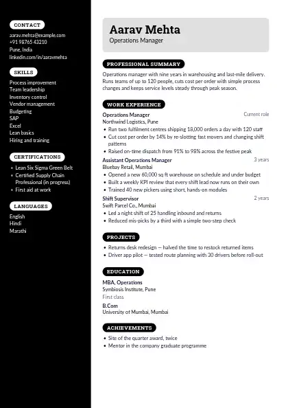 Dark Jet Sidebar resume template — left sidebar layout, two-column, no photo, black accent