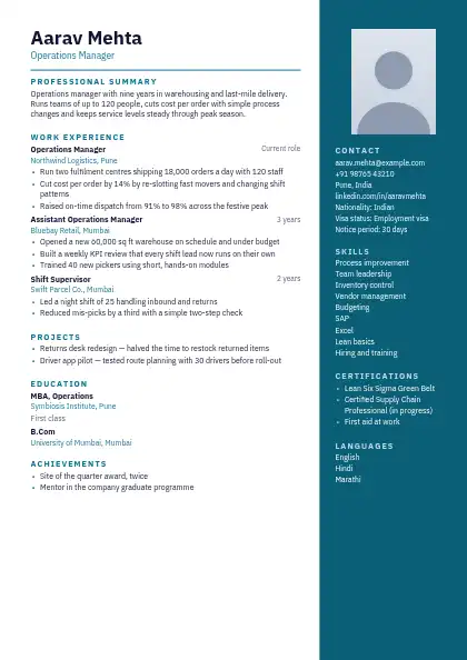 Dark Lagoon Right Panel resume template — right sidebar layout, two-column, photo, teal accent