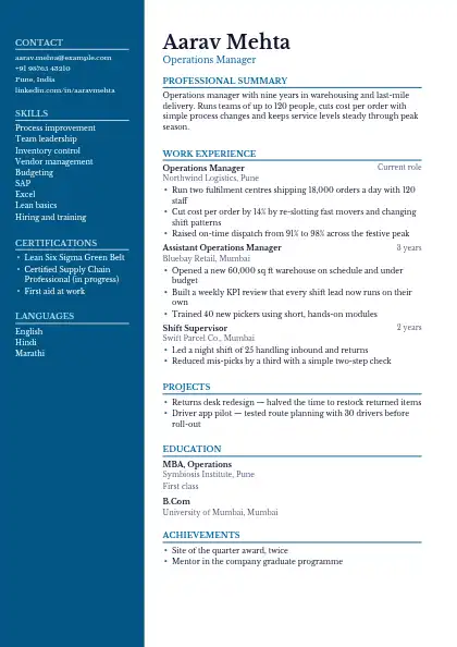 Dark Ocean Sidebar resume template — left sidebar layout, two-column, no photo, blue accent