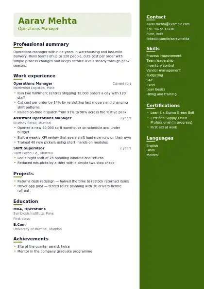Dark Olive Right Panel resume template — right sidebar layout, two-column, no photo, green accent