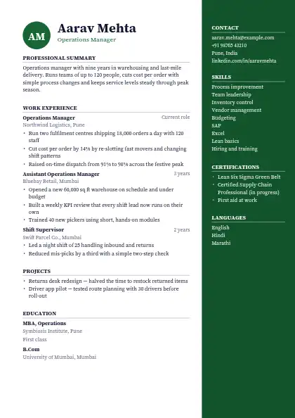 Dark Pine Right Panel resume template — right sidebar layout, two-column, no photo, green accent