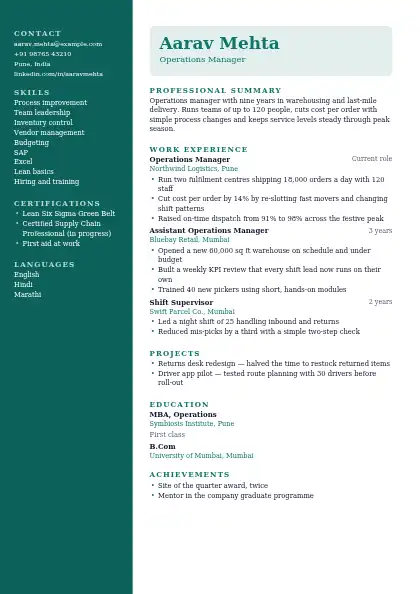 Dark Teal Sidebar resume template — left sidebar layout, two-column, no photo, teal accent