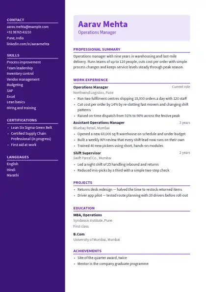 Dark Violet Sidebar resume template — left sidebar layout, two-column, no photo, purple accent