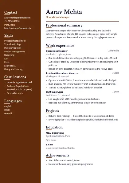 Dark Walnut Sidebar resume template — left sidebar layout, two-column, no photo, brown accent