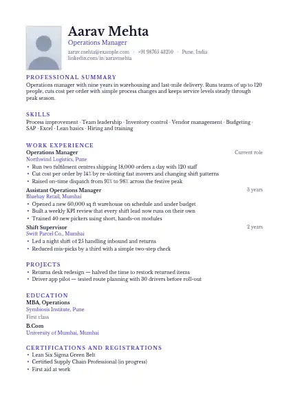 Europe Photo Left resume template — single-column, photo, purple accent