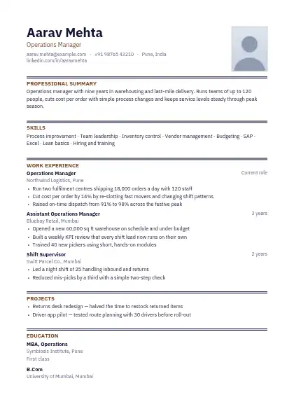 Europe Photo Right resume template — single-column, photo, brown accent