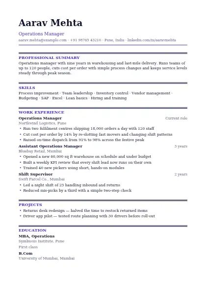 Executive resume template — single-column, no photo, purple accent