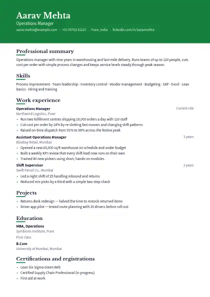 Forest Banner resume template — top band layout, single-column, no photo, green accent