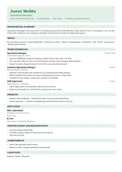 Forest Header Box resume template — single-column, no photo, green accent