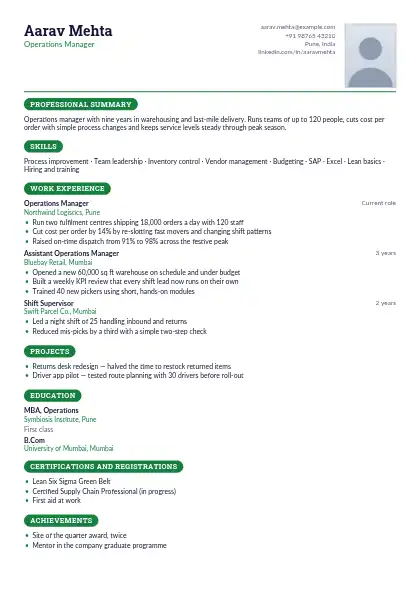 Forest Pill One-Page resume template — compact layout, single-column, photo, green accent